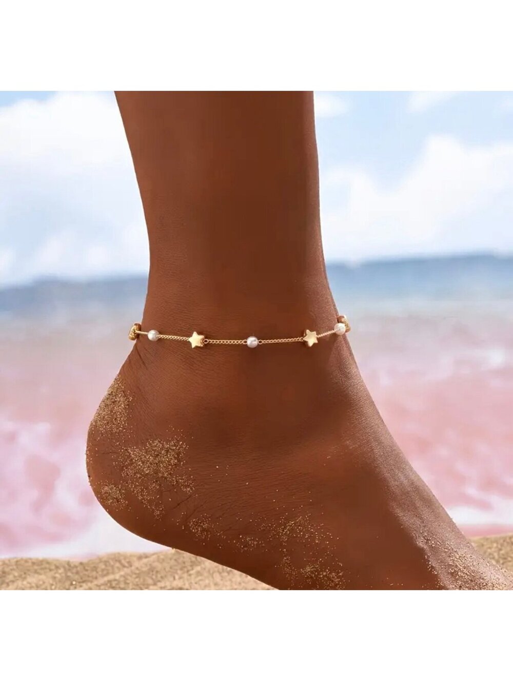 New - Beautiful -Vintage Style - Golden Star and Faux Pearl Ankle Bracelet